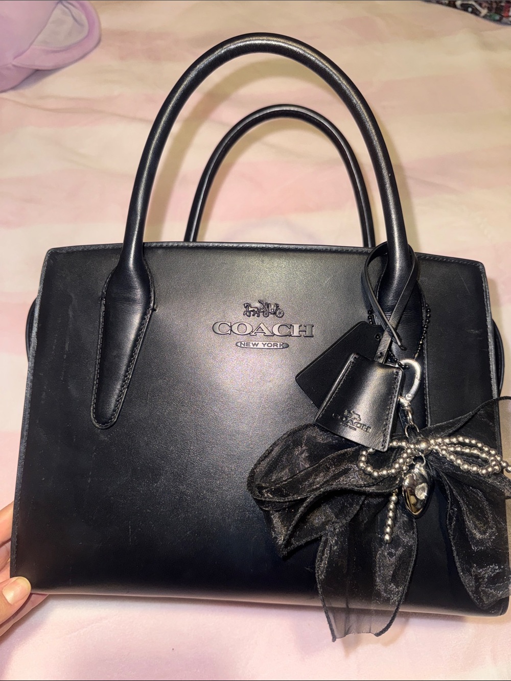 COACH Black Leather Top-Handle Satchel with Charm